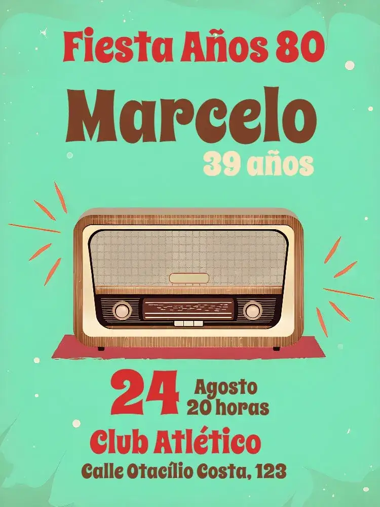 Invitación Retro Años 80 – tema 15 años vintage, colorido, nostálgico, divertido, brilhante, estilo años 80