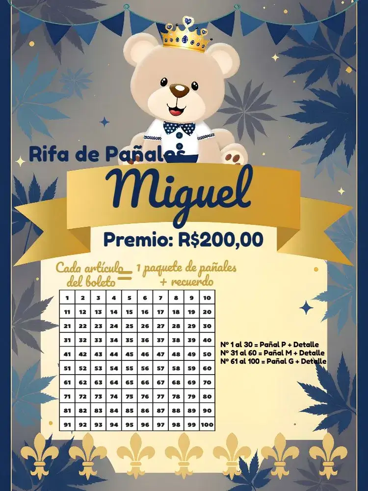 Invitación Chá Rifa Oso Príncipe Dorado editable y personalizable