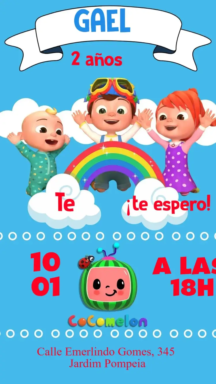 Invitación Cocomelon – tema Tarjeta colorido, divertido, infantil, vibrante, temática de desenho, lúdico