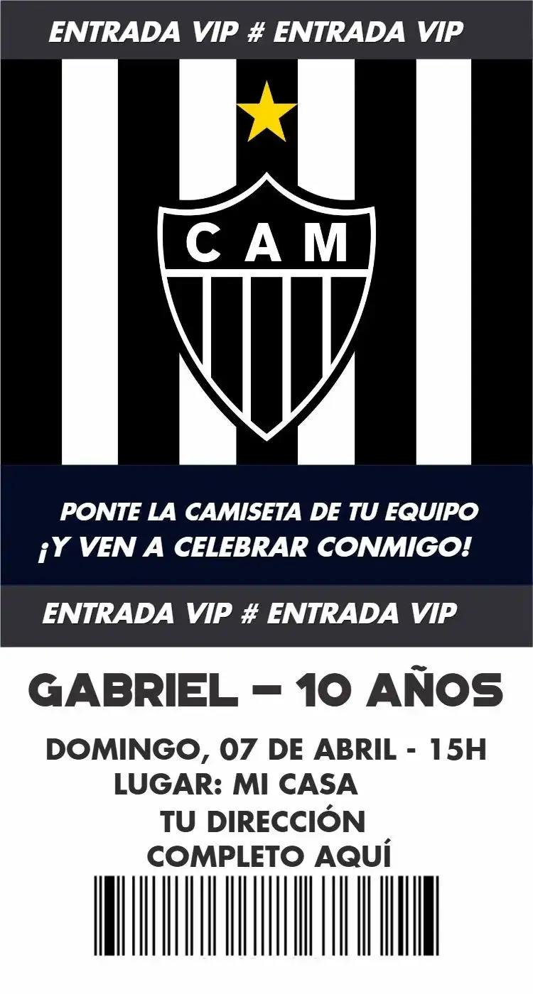 Invitación Atlético Mineiro entrada – tema Cumpleaños gallo, fútbol, moderno, colorido, animado
