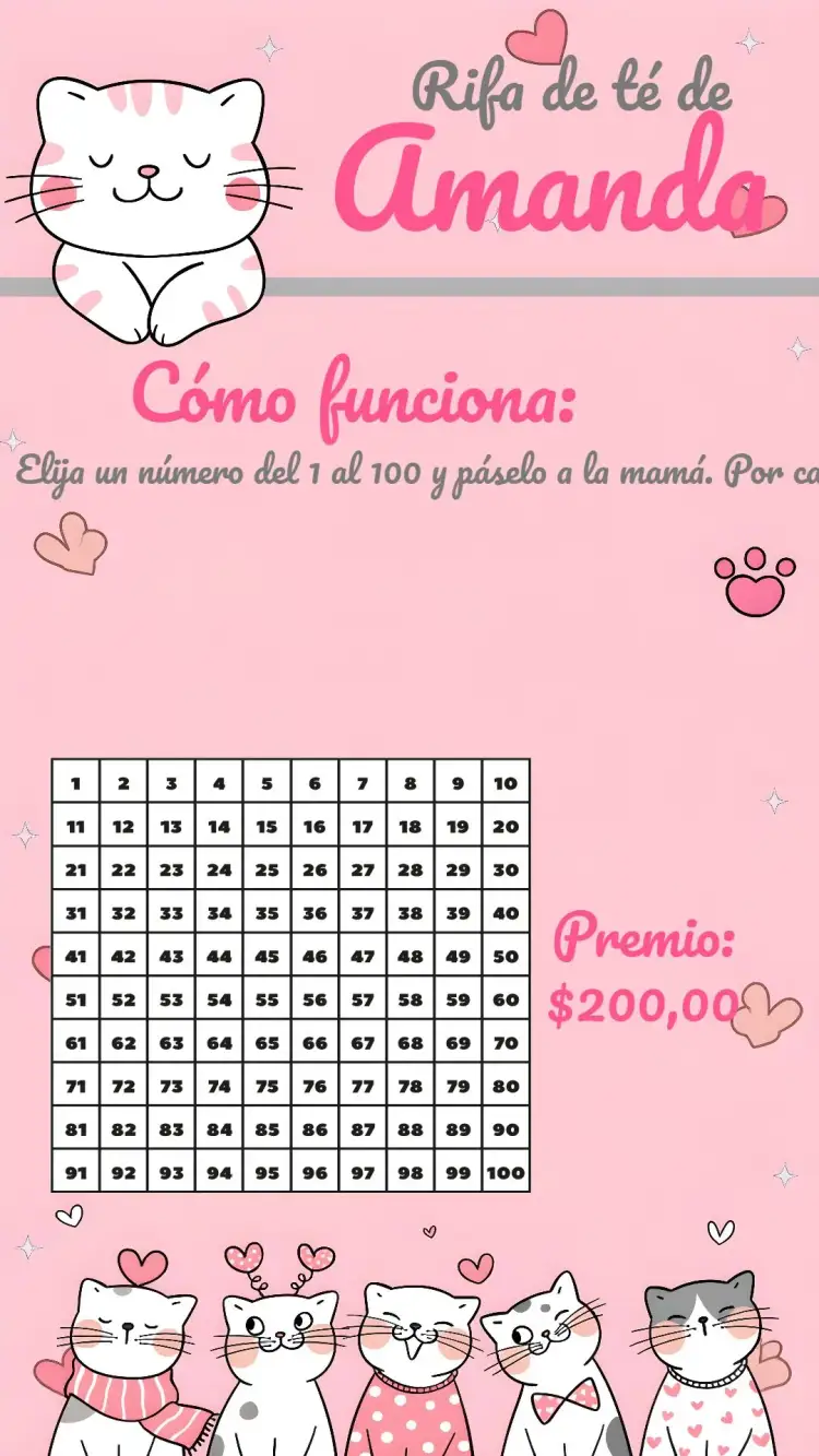 Invitación Té de Rifa Gatitos Bebé – tema Té Rifa delicado, lúdico, moderno, rosa y gris, infantil, divertido