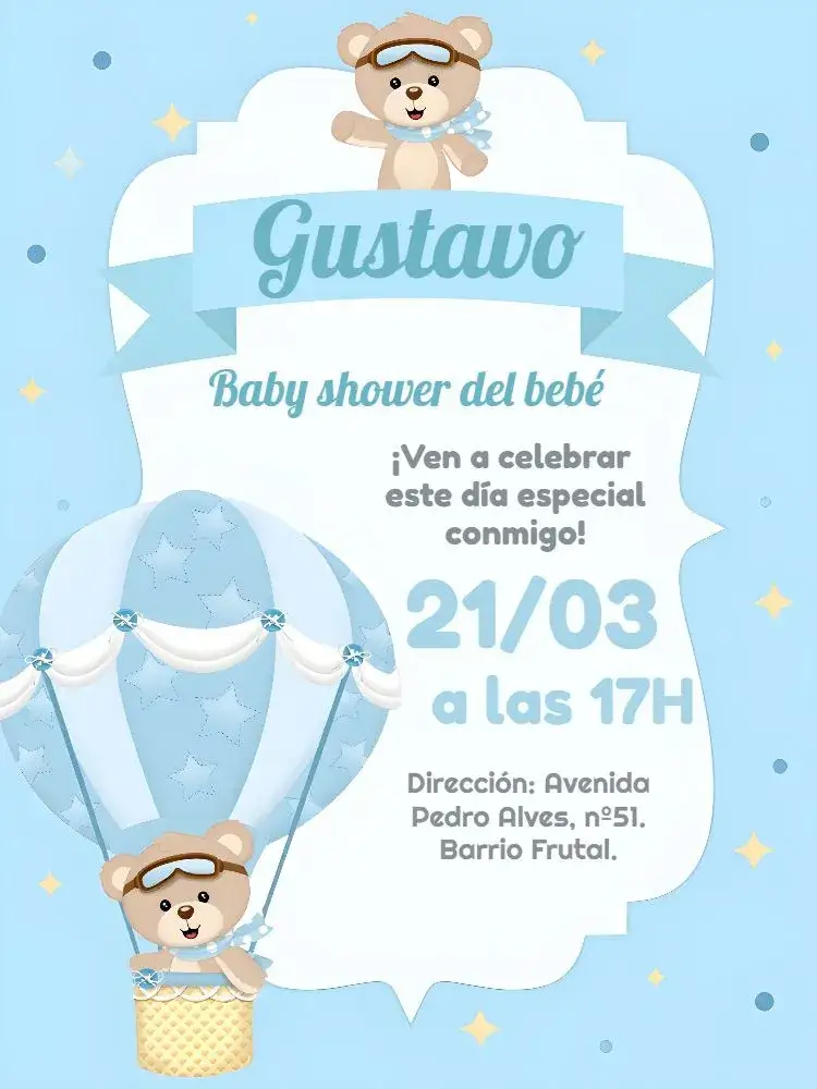 Invitación Baby Shower Osito Globos Aerostáticos Aviador – tema Baby Shower azul, blanco, negro, infantil, lúdico, aviador