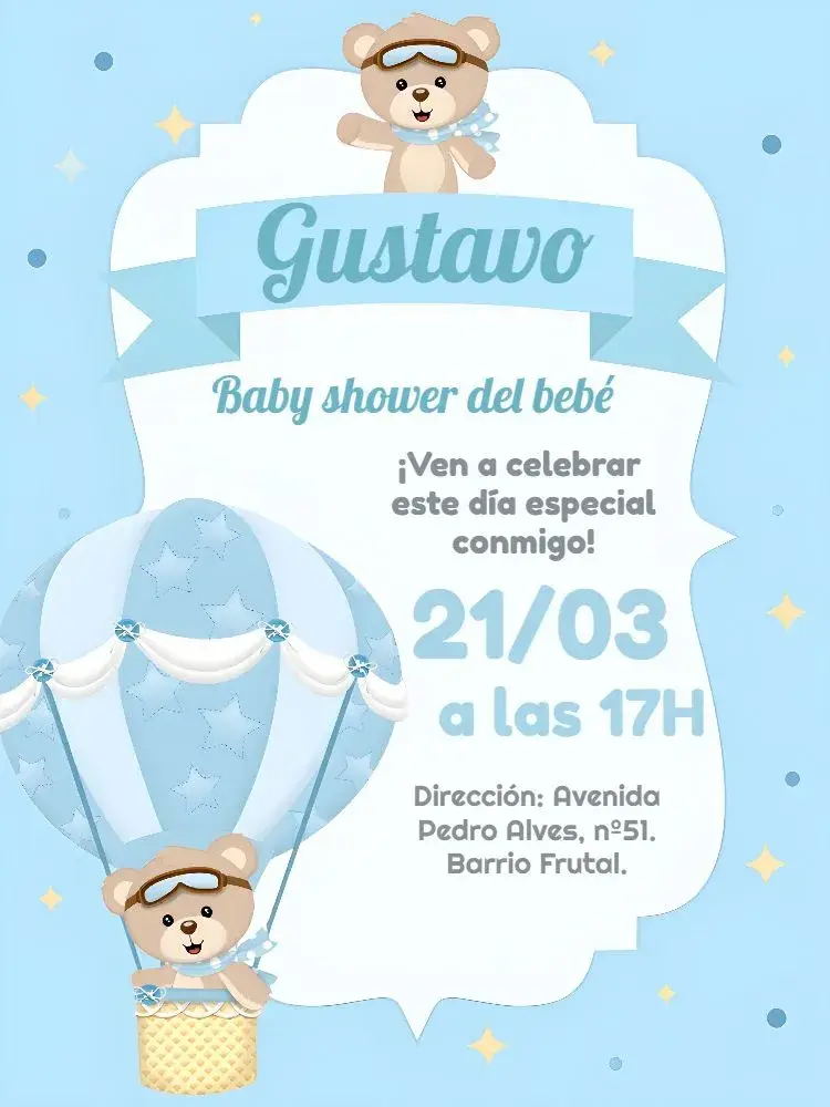 Invitación Baby Shower Osito Globos Aerostáticos Aviador