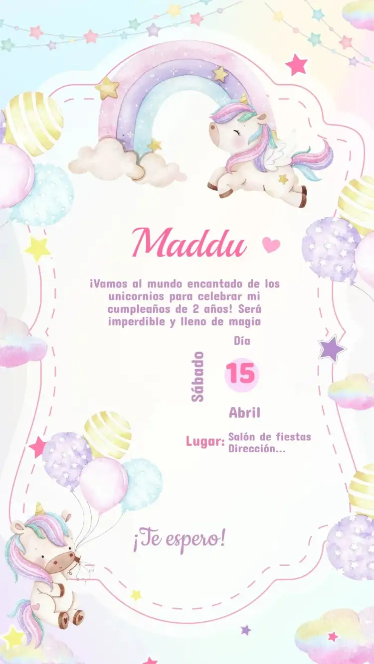 Invitación Invitación Cumpleaños Unicornio – tema Cumpleaños Infantil colores pasteles, fondo mágico, elementos de fantasía, estilo lúdico, ilustraciones de unicornio