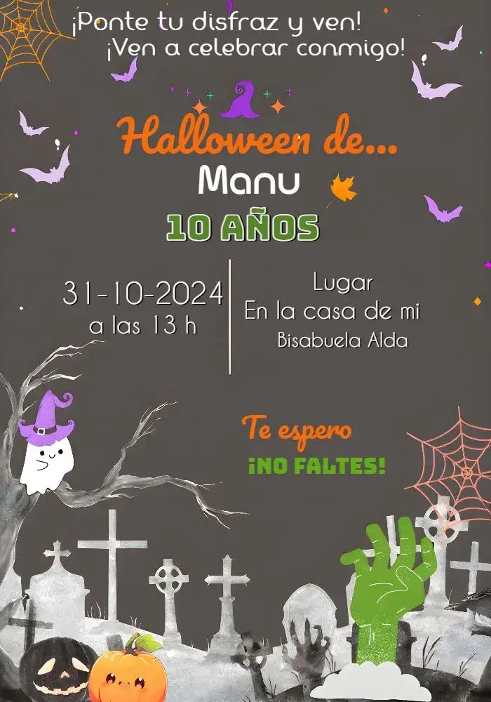Invitación Día de Halloween – tema Fechas Conmemorativas colorido, sombrio, fantasioso, brujas, cementerio, divertido