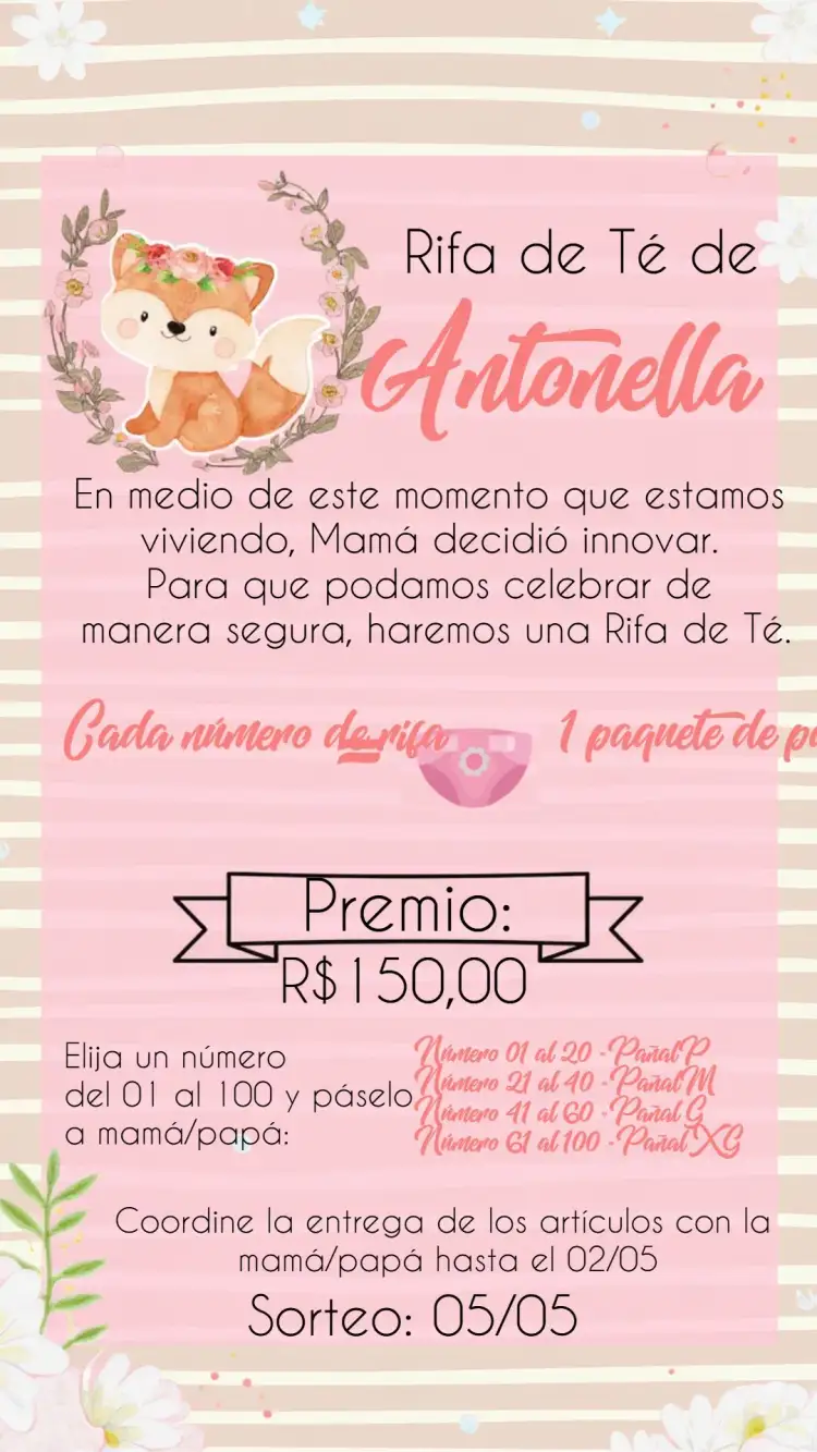 Invitación Té Rifa Zorrita Rosa – tema Té Rifa floral, minimalista, rosa, delicado, lúdico, encantado