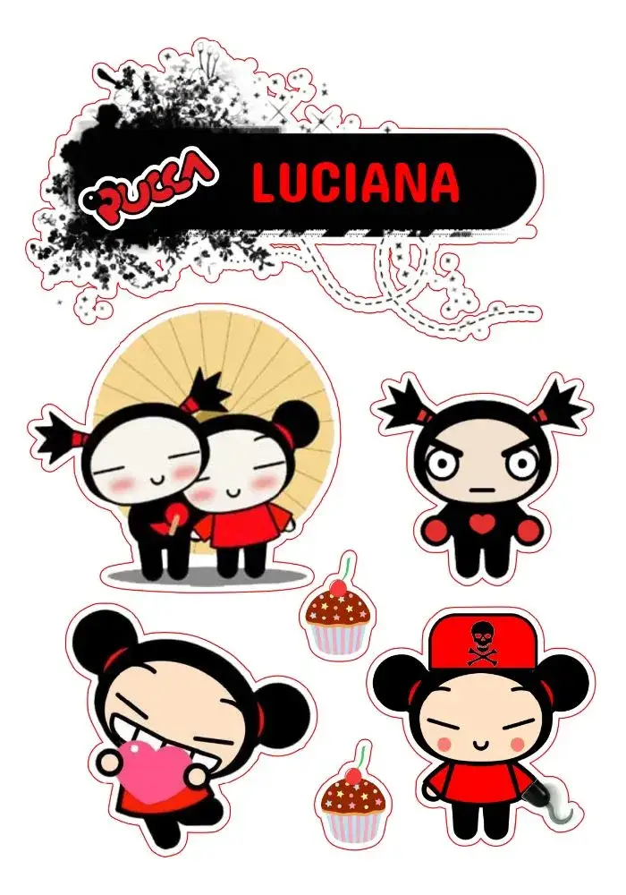 Invitación Topo De Pastel Pucca Para Imprimir – tema Topper de torta rojo, negro, divertido, infantil, lúdico, personajes animados
