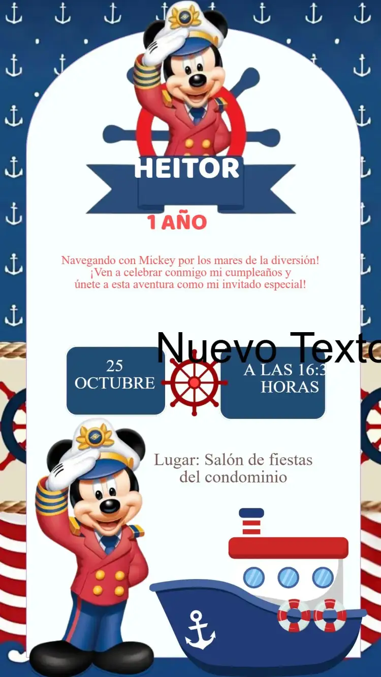 Invitación Invitación Cumpleaños Mickey Marinero – tema Cumpleaños Infantil náutico, colorido, divertido, infantil, Disney