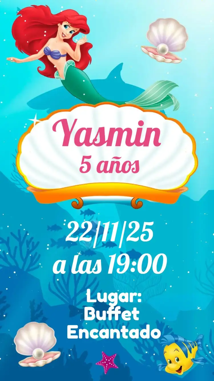 Invitación Sirena Ariel – tema Cumpleaños Infantil azul marino, colorido, lúdico, de fantasía, subacuático