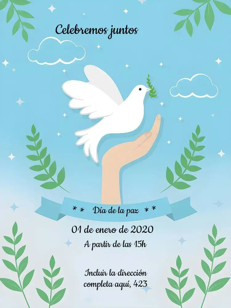 Invitación Publicación Día Mundial De La Paz Enero – tema Fechas Conmemorativas azul, blanco, minimalista, moderno, gráfico, esperanza