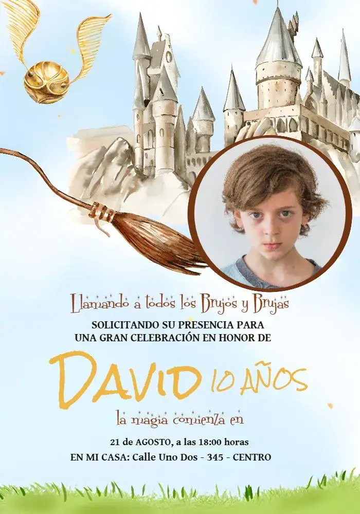 Invitación Harry Potter - Hogwarts Con Foto Niño – tema Cumpleaños Infantil mágico, fantasía, colorido, ilustraciones de brujos, estilo Hogwarts, divertido