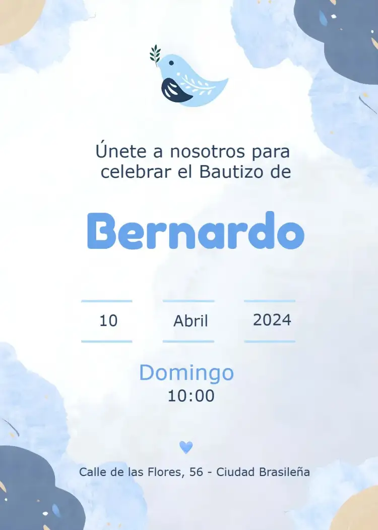 Invitación Bautizo Pajarito Bautismo – tema Bautismo aves, azul claro, estilo minimalista, ilustraciones infantiles, tema religioso, diseño alegre