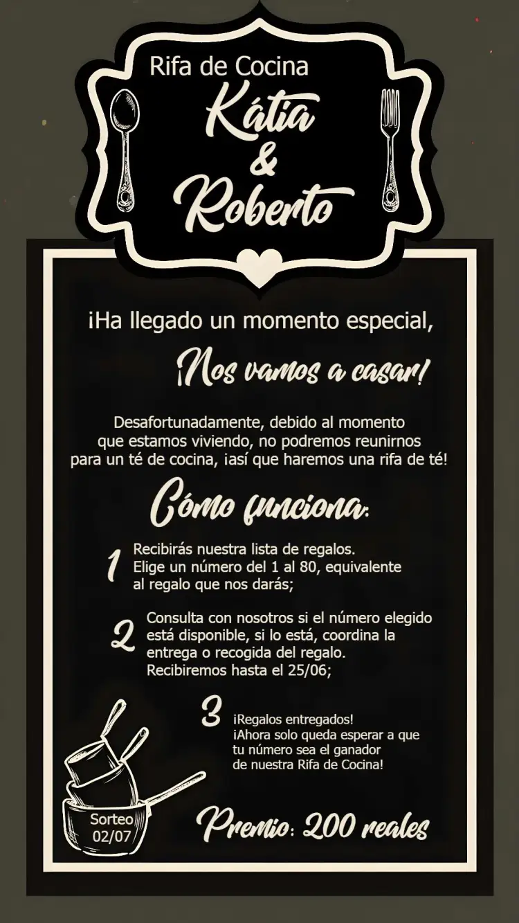 Invitación Rifa de Cocina Té de Olla – tema Despedida de Soltera pizarra, minimalista, moderno, elegante, rústico