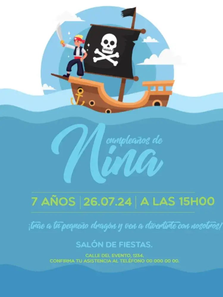 Invitación Barco Pirata Digital – tema Cumpleaños Infantil pirata, colorido, aventura, marinho, divertido, infantil