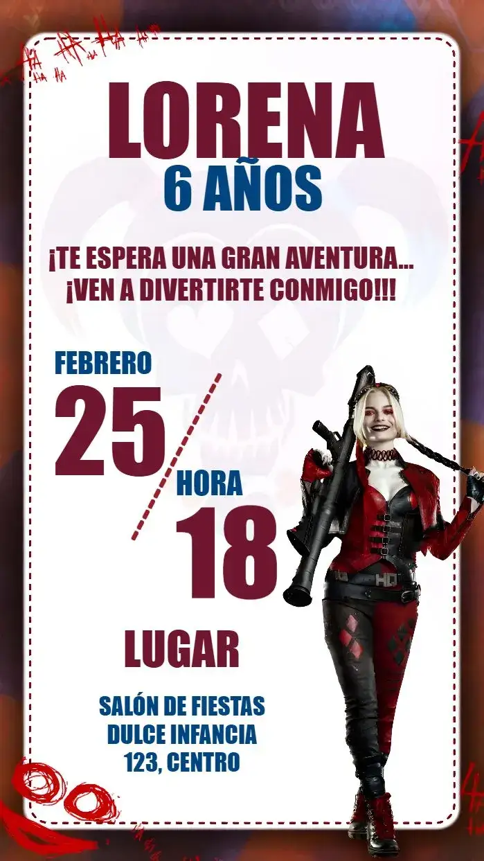 Invitación Arlequina Coringa – tema Cumpleaños Infantil colorido, divertido, cómics, moderno, juvenil