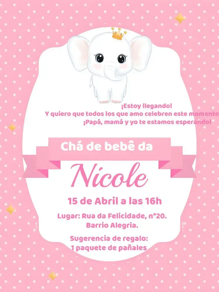 Invitación Baby Shower Elefantita Rosa – tema Despedida de Soltera rosa, blanco, tierno, infantil, minimalista, divertido