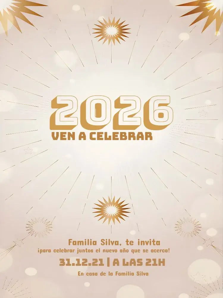 Invitación Para Año Nuevo 2022 Glitter – tema Fechas Conmemorativas dorado, blanco, brillo, estrellas, purpurina, festivo