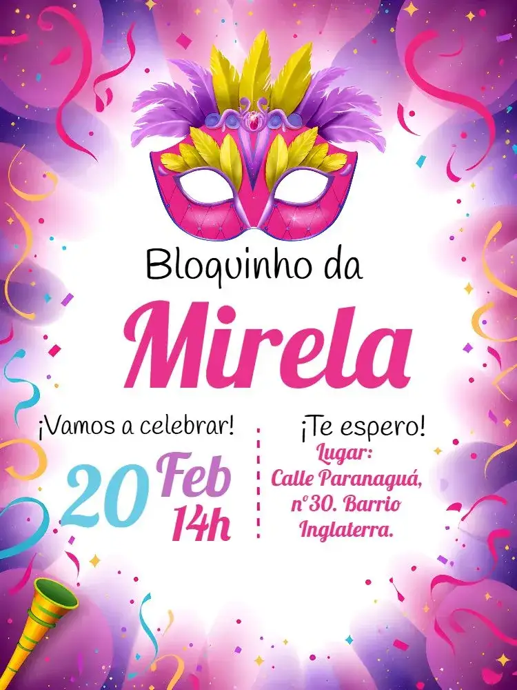 Invitación Carnaval Bloquinho Amarillo – tema Fechas Conmemorativas colorido, divertido, festivo, vibrante, brincalhão