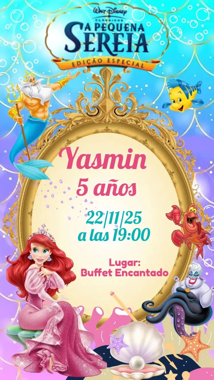 Invitación La Sirenita – tema Cumpleaños Infantil azul marino, colorido, lúdico, fantasía, agua, tropical