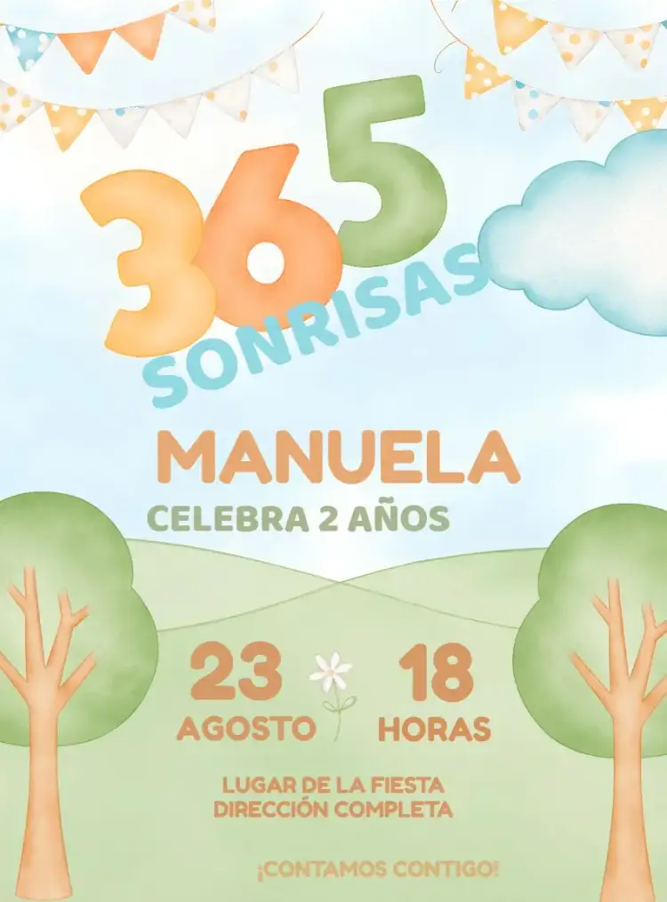Invitación 365 Sonrisos Niña – tema Fechas Conmemorativas aquarela, colorido, infantil, divertido, artístico, alegre