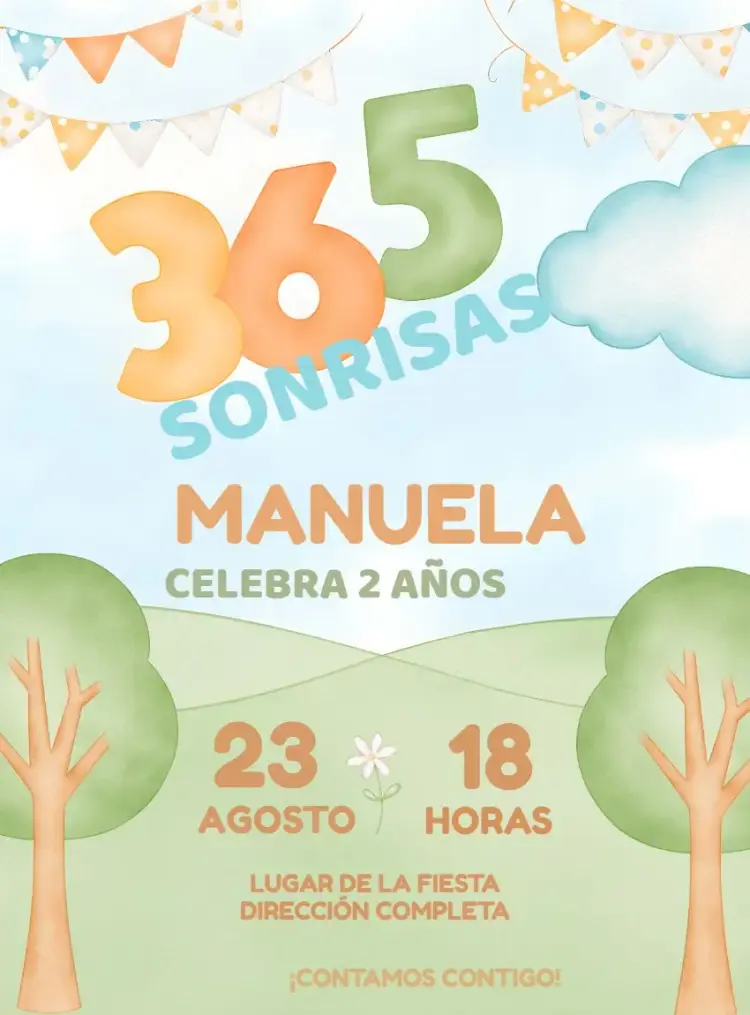 Invitación 365 Sonrisos Niña editable y personalizable