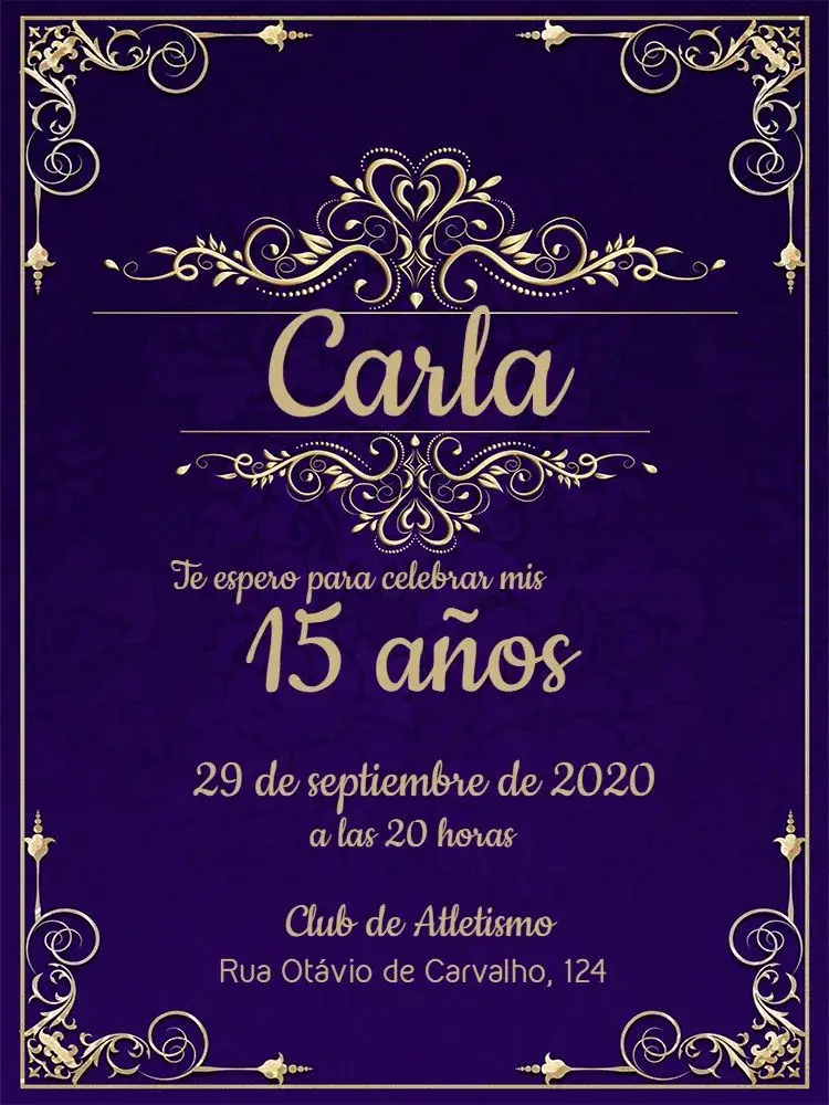Invitación 15 Años - Azul Con Arabescos Dorados Fiesta editable y personalizable