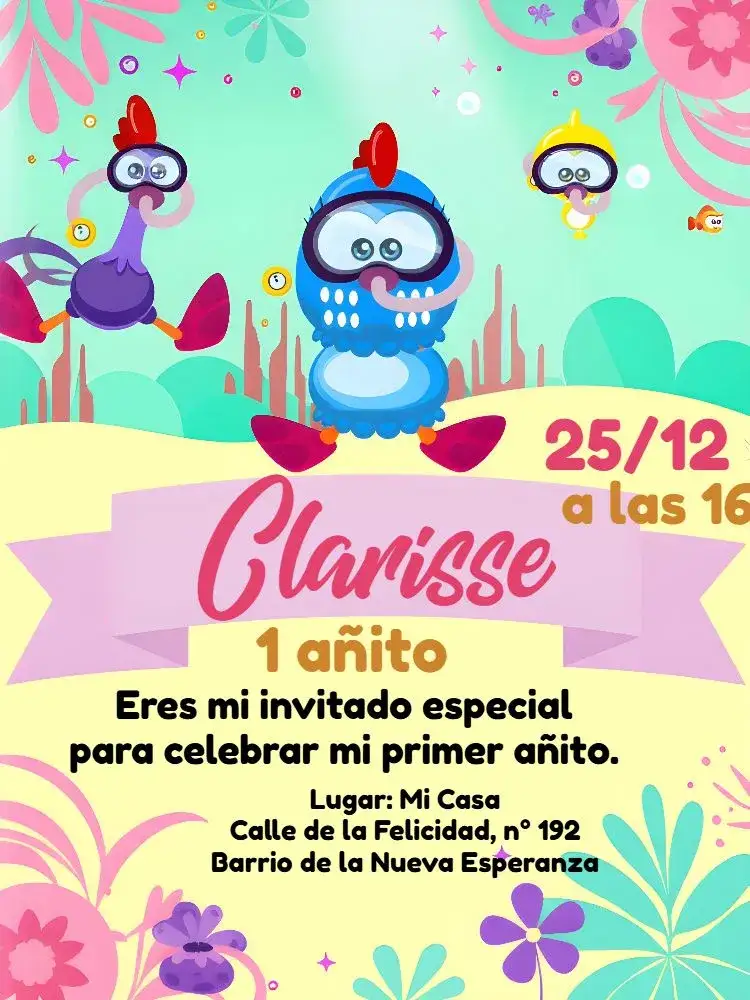 Invitación Gallina Pintadita Fondo del Mar Pollito – tema Cumpleaños Infantil colorido, lúdico, marinho, infantil, divertido, temático