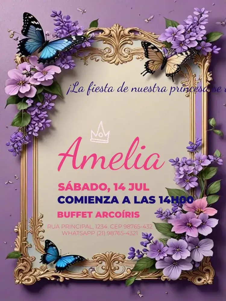 Invitación Infantil Mariposa Flores Para Editar Femenino – tema Cumpleaños Infantil floral, delicado, colorido, infantil, feminino, natureza