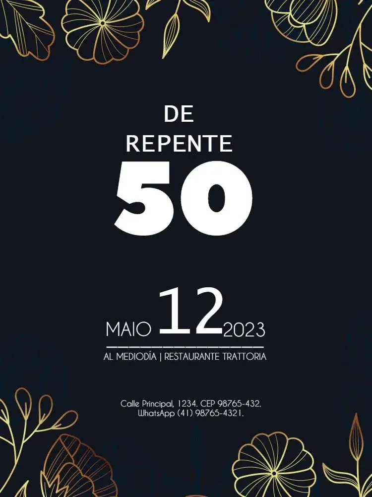 Invitación Repente 50 Elegante Oscuro – tema Cumpleaños Infantil elegante, oscuro, floral, dorado, moderno