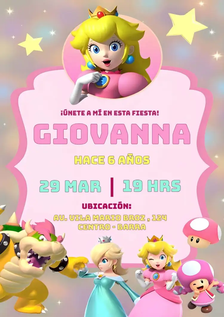 Invitación Princesa Peach Mario – tema Cumpleaños Infantil colores vibrantes, estilo lúdico, elementos gráficos de Mario, tema de videojuegos, diseño infantil, colores pasteles