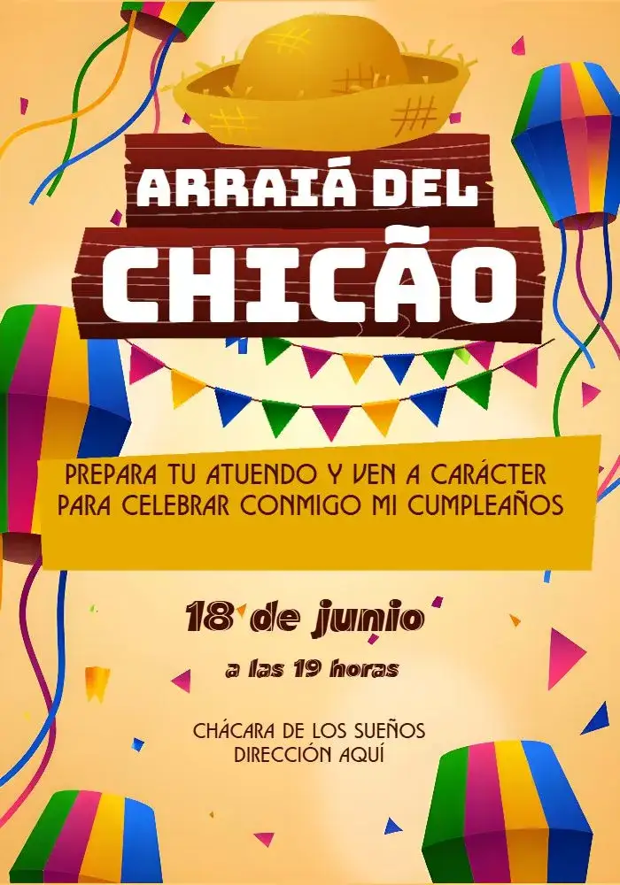 Invitación Arraiá Banderolas – tema Cumpleaños rústico, animado, colorido, festivo, tradicional