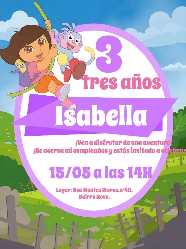 Invitación Dora la Exploradora Blanco – tema Más buscados colores vibrantes, temática infantil, elementos gráficos de Dora, diseño divertido, estilo lúdico
