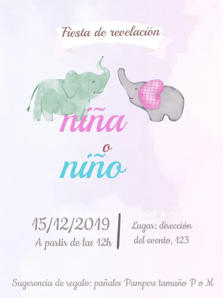 Invitación Baby Shower Revelación Elefantes Digital – tema Té Rifa elefantes, rosa y azul, globos, arabescos, corazón