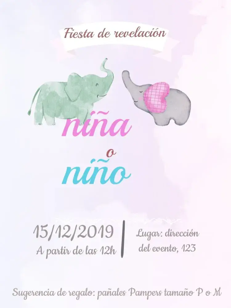 Invitación Baby Shower Revelación Elefantes Digital