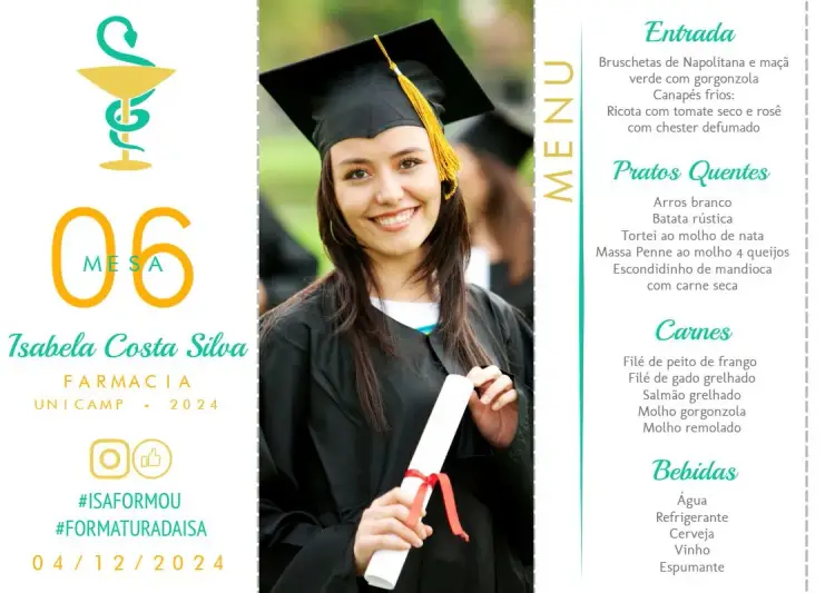 Invitación Menú Triángulo Graduación Farmacia Con Foto Tótem editable y personalizable