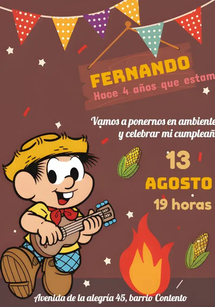 Invitación Arraiá Do Chico Bento Fiesta – tema Cumpleaños Infantil colorido, junino, divertido, infantil, rústico