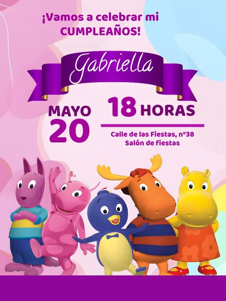 Invitación Backyardigans Morado – tema Cumpleaños Infantil morado, divertido, colorido, infantil, temático, lúdico