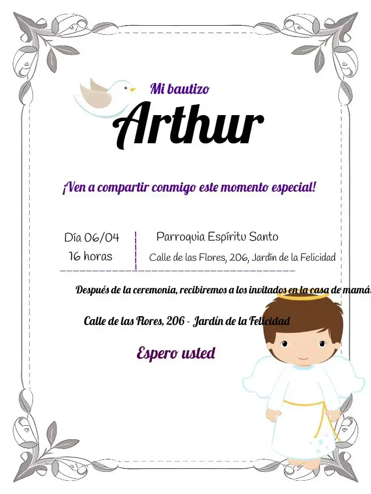 Invitación Bautizo – tema Bautismo azul, minimalista, moderno, divino, blanco y dorado, ilustraciones infantiles
