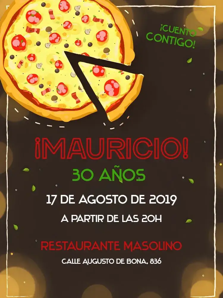 Invitación En la Pizzería Noche – tema Más buscados vibrante, divertido, colorido, moderno, temático, descontraído