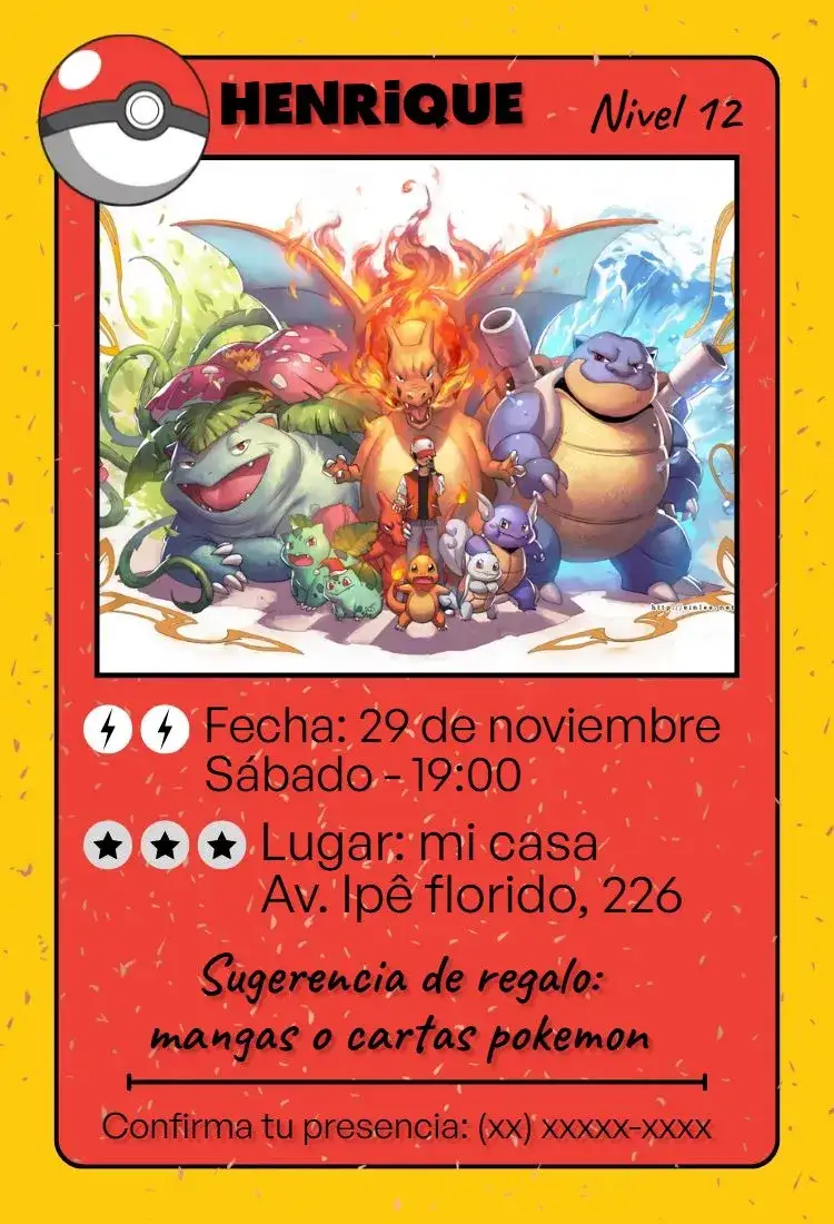 Invitación Cumpleaños Card Pokemon – tema Cumpleaños Infantil colorido, divertido, temático, jovial, lúdico