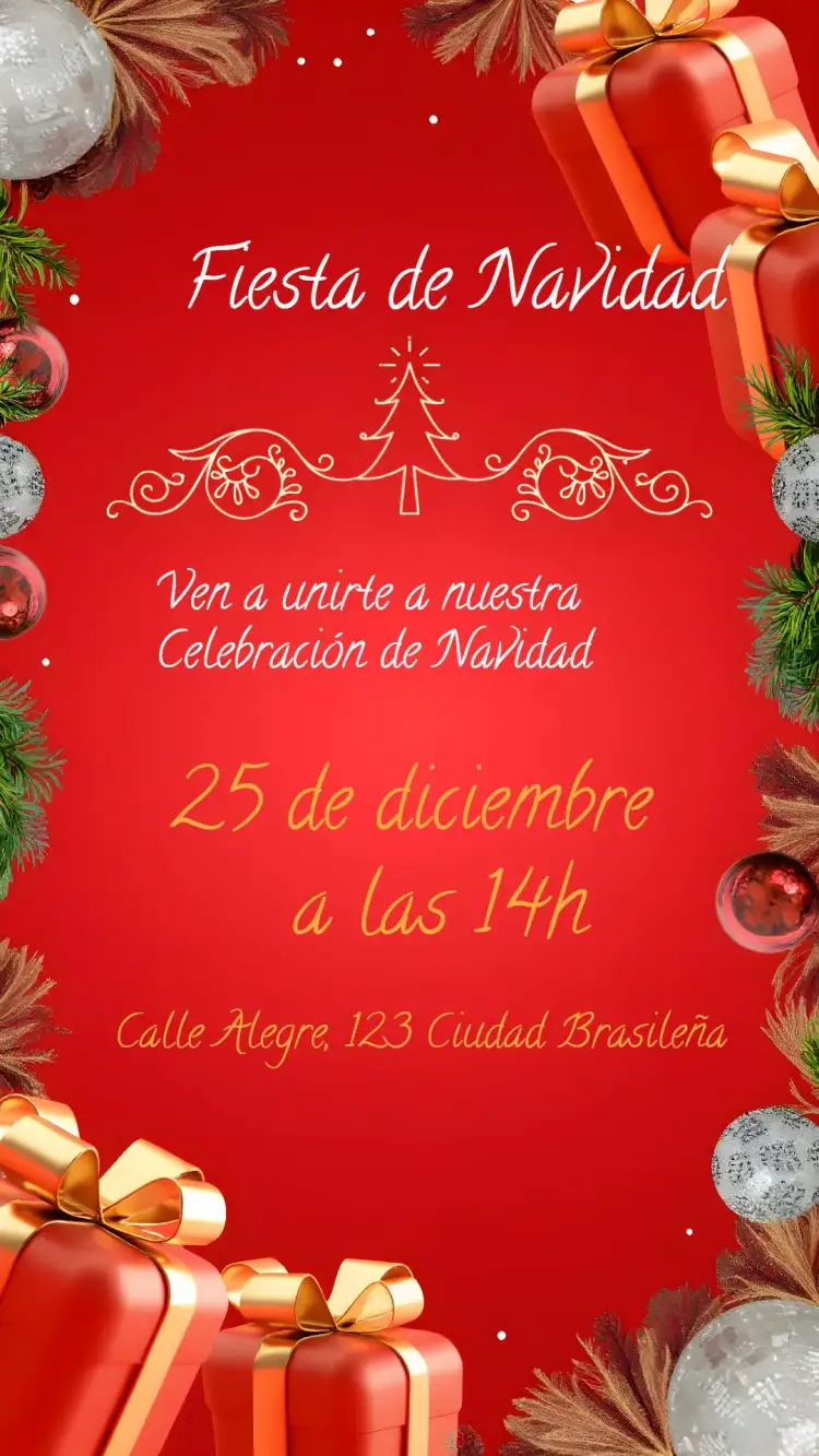 Invitación Fiesta De Navidad Árbol – tema Fechas Conmemorativas navideño, verde y rojo, ilustraciones de Navidad, minimalista, festivo, dorado