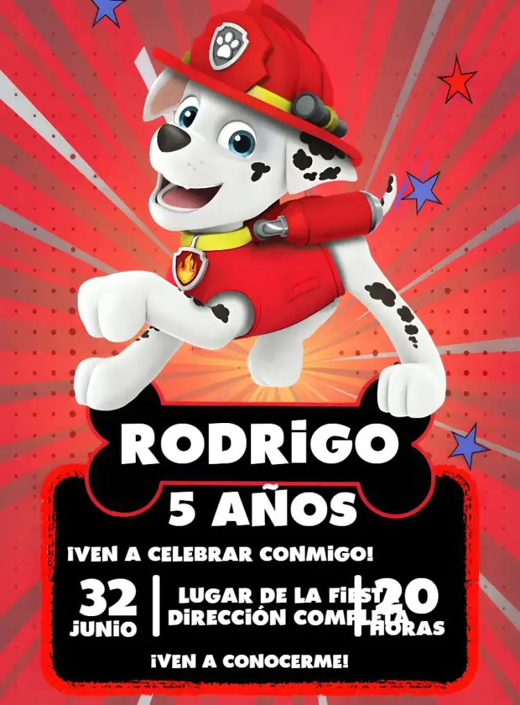 Invitación Patrulla Canina Marshall Cachorro – tema Cumpleaños Infantil vibrante, divertido, ilustraciones de personajes, colores llamativos, estilo moderno