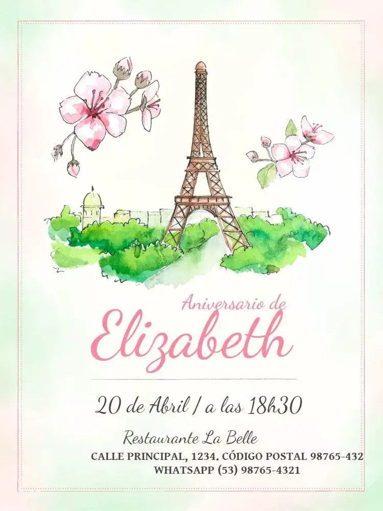 Invitación Adulto Femenino París Acuarela Rosa – tema Cumpleaños Infantil acuarela, floral, parisino, delicado, romántico