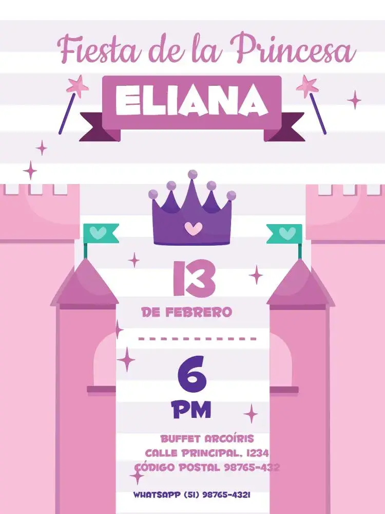 Invitación Castillo Rosa Infantil editable y personalizable