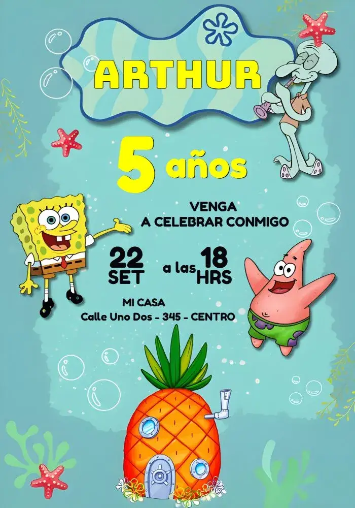 Invitación Bob Esponja Cuadrado