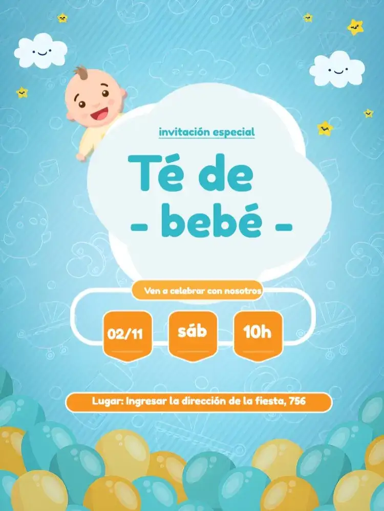 Invitación Baby Shower Azul - Niño Nube – tema Baby Shower azul claro, nubes esponjosas, globos de colores, estilo infantil, diseño moderno, toques lúdicos