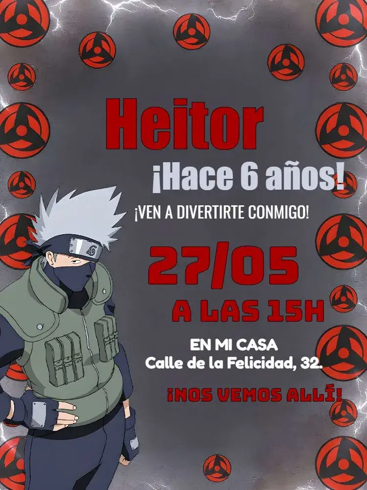 Invitación Kakashi Virtual – tema Cumpleaños Infantil anime, ninja, colorido, divertido, moderno, fantasia