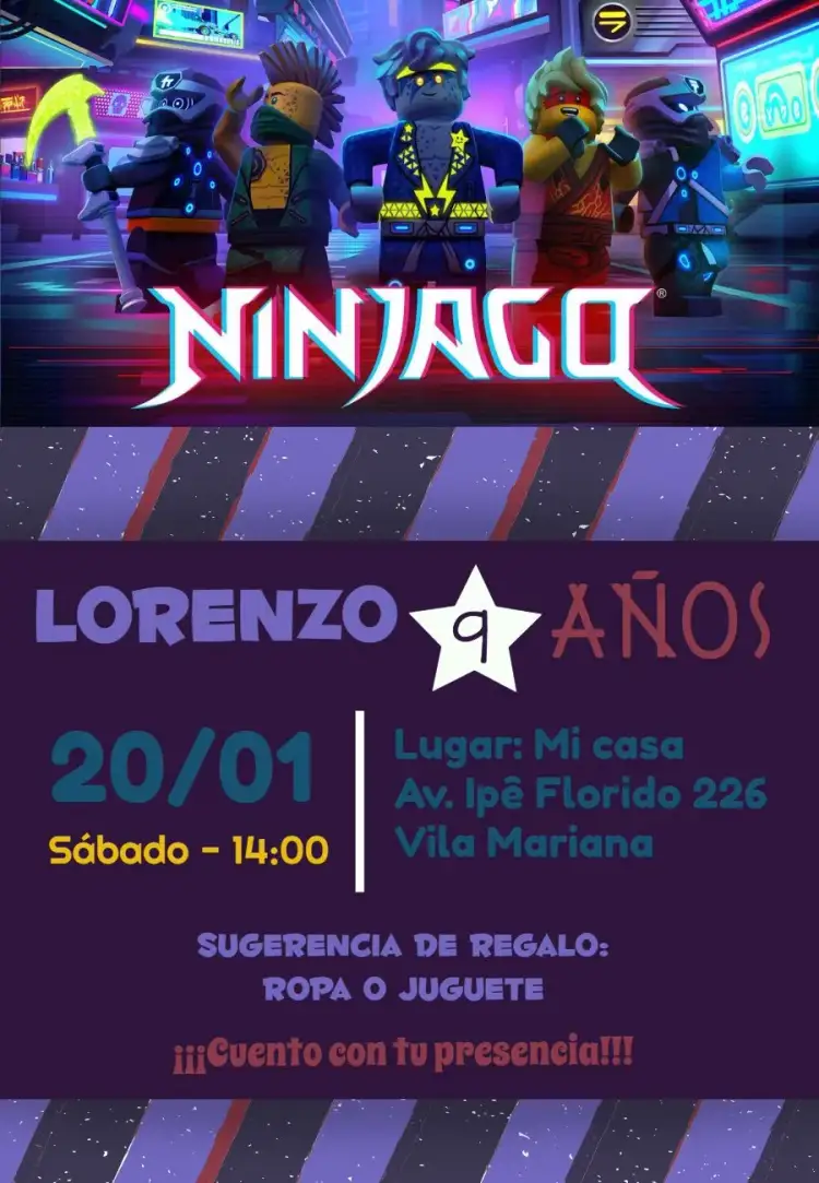 Invitación Ninjago Lego Ninja Go Juego – tema Cumpleaños Infantil colorido, moderno, juegos, dibujos animados, temático, aventura