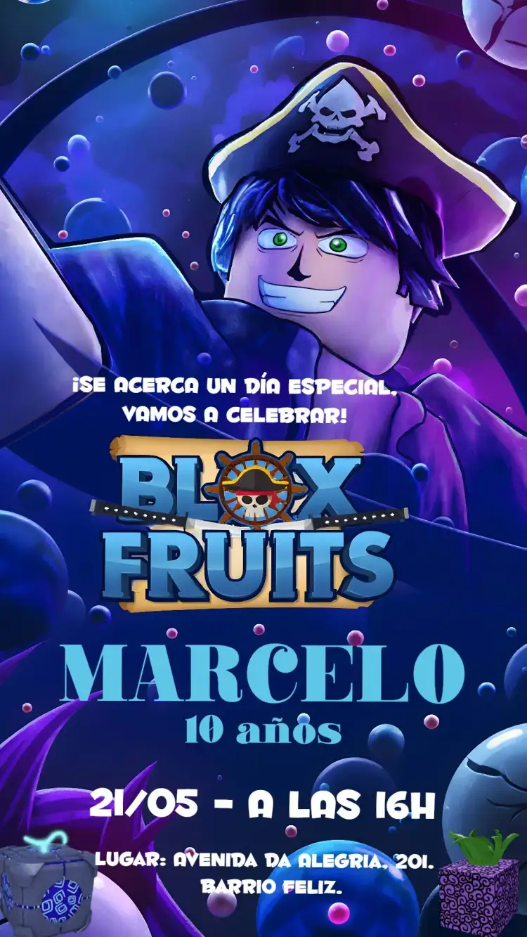 Invitación Blox Fruits Gamer – tema Cumpleaños Infantil lila, jugador, Roblox, diversión, moderno, colorido