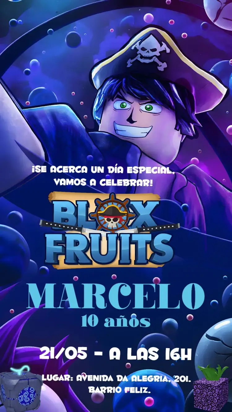 Invitación Blox Fruits Gamer editable y personalizable